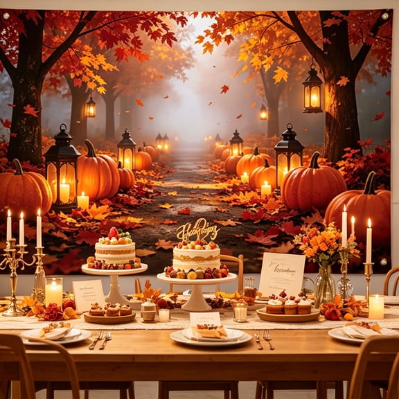Fall Forest Backdrop Banner Autumn Pumpkin Maple Leaf Photography Background Thanksgiving Party Decor Photo Booth Harvest Theme Fabric Wall Hanging