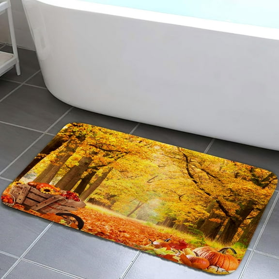 Fall Forest Bathroom Rugs, Thankgiving Pumpkin Bath Mat for Bathroom, Autumn Harvest Natural Scenery Flannel Non Slip Kitchen Rugs Shower Bathtub Doormats 17X29in