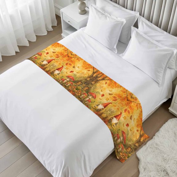 Fall Forest Bed Runner Queen/Full Size, Thanksgiving Gnomes Mushroom Maple Leaves Trees Bed Scarf Protector Slipcover for Bedroom Wedding Room Hotel, Bedding Runner Throws for Foot of Beds 83"x20"