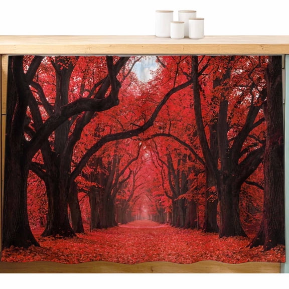 Fall Forest Cabinet Curtains 10" W x 11" L, Country Rustic Red Black Tree Leaf Path Landscape Under-Desk Privacy Dust Proof Drape Dishwasher Curtain Sink Skirt for Kitchen Closet Bathroom Laundry