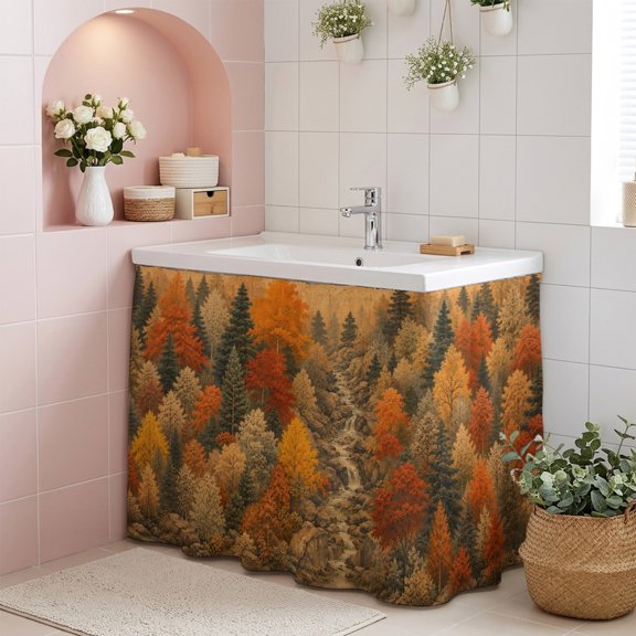 Fall Forest Cabinet Curtains 35" W x 35" L, Rustic Terracotta Green Tree Nature Scenic Landscape Under-Desk Privacy Dust Proof Drape Dishwasher Curtain Sink Skirt for Kitchen Closet Bathroom Laundry