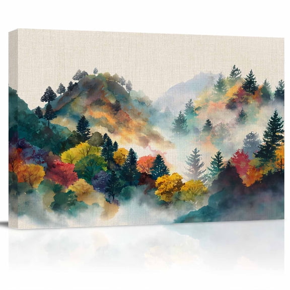 Fall Forest Canvas Print Wall Art Watercolor Mountain Fog Vintage Linen Pictures Painting Morden Artwork for Living Room Bedroom, Ready to Hang - 12"x16"