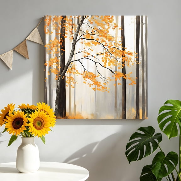 Fall Forest Canvas Wall Art, Autumn Fallen Leaves Orange Landscape Framed Canvas Wall Decor Picture Print Artwork Decorations for Living Room Office Ready to Hang 8" x 8"