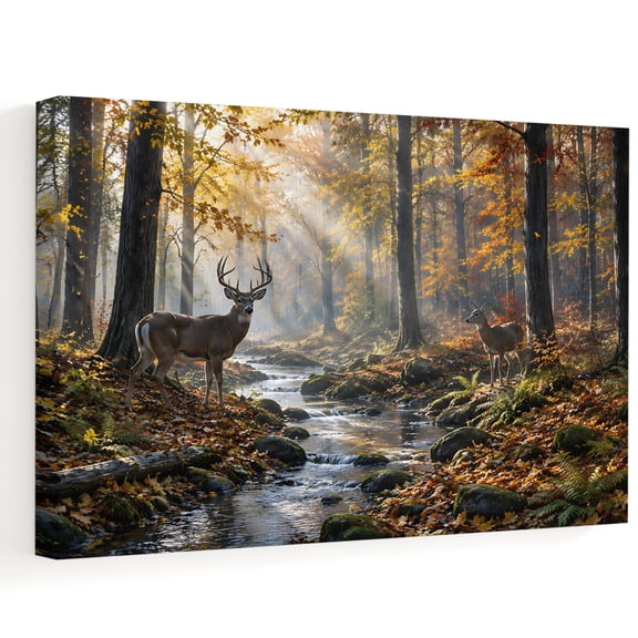 Fall Forest Canvas Wall Art, Country Farmhouse Deer Tree Leaf Sunshine Landscape Wall Art Prints Artwork Framed Canvas Ready to Hang Art Pictures for Bathroom, Dressing Table, Entryway 12" x 8"