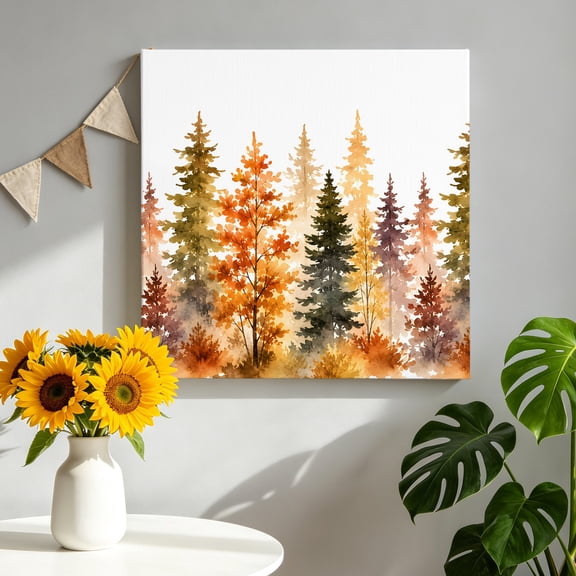 Fall Forest Canvas Wall Art for Living Room, Country Rustic Watercolor Orange Green Pine Trees Leaf Poster Print Painting for Bedroom Office Home Decoration Wall Pictures Prepare To Hang 8"x8"