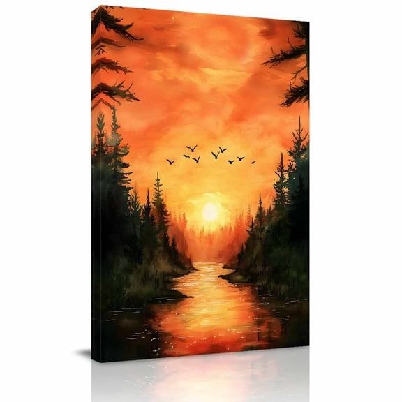 Fall Forest Canvas Wall Art for Living Room, Watercolor Sunset Poster Print Painting for Bedroom Office Home Decoration Wall Pictures Prepare To Hang 16"x24"