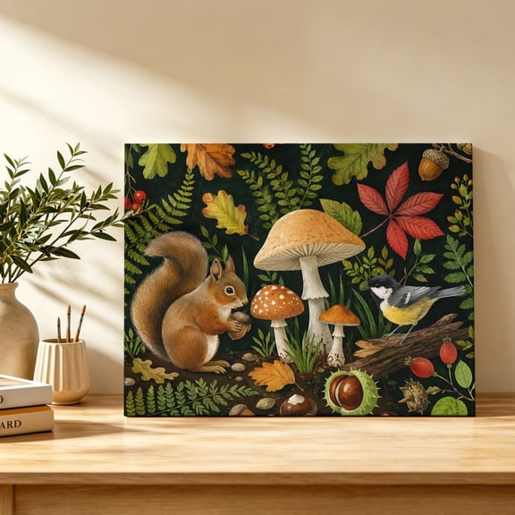 Fall Forest Canvas Wall Art, Rustic Squirrel Brown Mushroom Bird Oak Leaf Botanical Wall Art Prints Artwork Framed Canvas Ready to Hang Art Pictures for Bathroom Bedroom Entry Desk Corner 10" x 8"