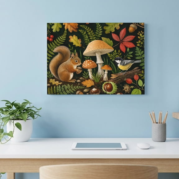 Fall Forest Canvas Wall Art, Rustic Squirrel Brown Mushroom Bird Oak Leaf Botanical Wall Art Prints Artwork Framed Canvas Ready to Hang Art Pictures for Living Dining Room Bedroom Hallway 24" x 18"
