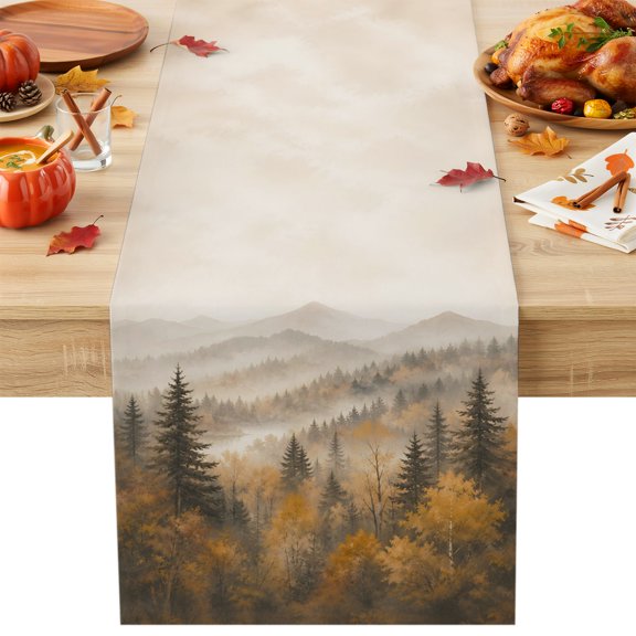 Fall Forest Cotton Linen Table Runner for Dining Kitchen, Autumn Vintage Pine Trees Mountains Landscape Wedding Outdoor Party Tablerunners, Dresser Scarf Coffee Tablecloth Runners 13x36 Inches