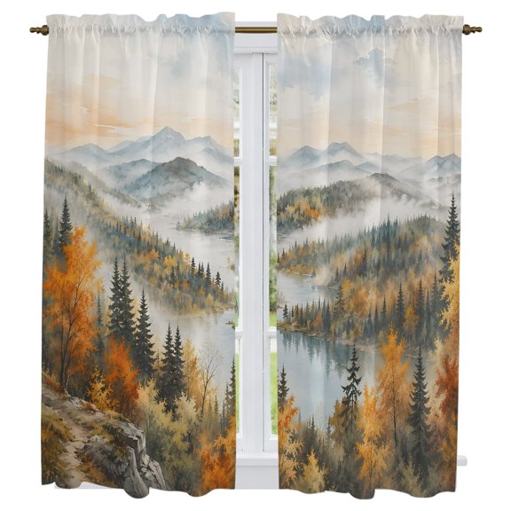 Fall Forest Curtains for Living Room 63 Inch Length, Autumn Watercolor Pine Trees Mountains Landscape Light Filtering Curtain for Bedroom Dining Room, Drapes Window Treatment 2 Panels,42"Wx63"L