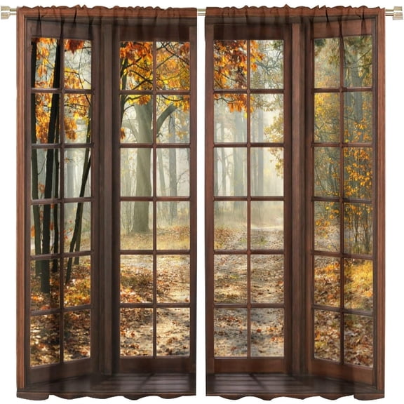 Fall Forest Curtains Rustic Vintage Autumn Nature Scenery Brown Wood Window Bedroom Living Room Bathroom Blackout Rod Pocket Decoration Window Drapes 2 Panels W42xL54in