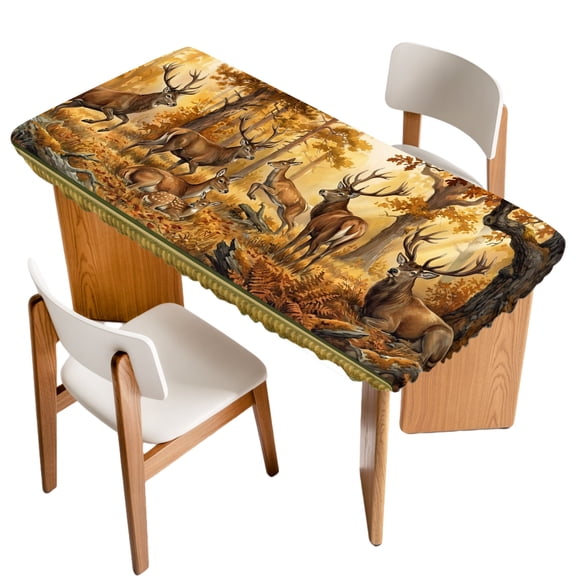 Fall Forest Deer Fitted Rectangle Tablecloth 24" x 36" Country Rustic Wilderness Farmhouse Tree Grass Elastic Table Cloth Fits for 3 Foot Folding Tables Waterproof Table Cover for Picnic Camping