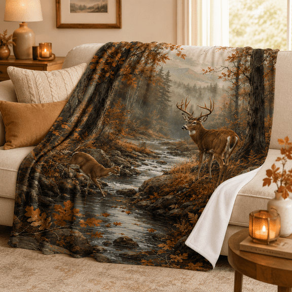 Fall Forest Deer Throw Blanket, Whitetail Buck and Doe by a Rocky Creek with Distant Mountains and Oak Leaves for Couch Bed Nature Inspired Decor, 60 x 80 in