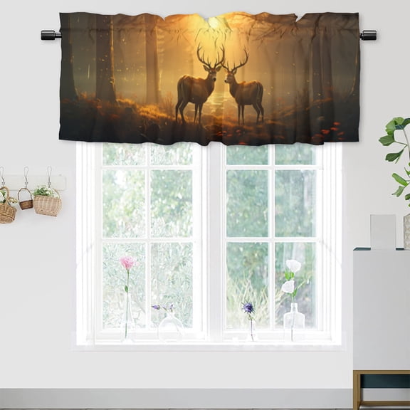 Fall Forest Deer Valance Curtain for Kitchen Rustic Hunting Country Wild Animal Autumn Privacy Decorative Rod Pocket Short Window Valance Curtains 54 by 18 in, 1 Panel