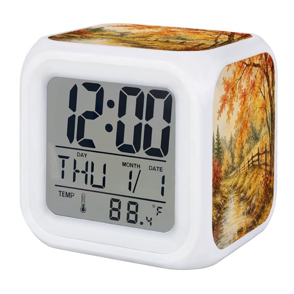 Fall Forest Digital Alarm Clock for Bedrooms, Smart LED Alarm Clock with 7 Color Changing Night Light, Autumn Country Orange Maple Trees River Silent Wake Up Clocks for Sleep Study Cooking 3.2"x3.2"
