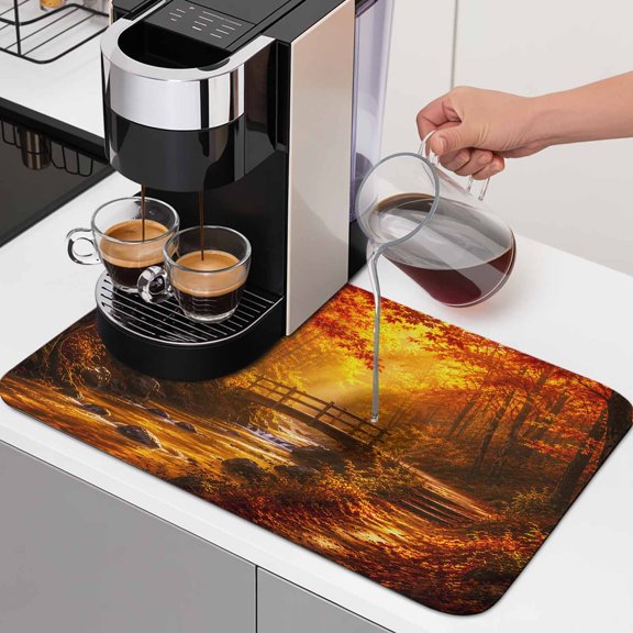 Fall Forest Dish Drying Mats for Kitchen Counter, Golden Yellow Maple Trees River Landscape Rustic Country Absorbent Coffee Bar Mat with Non-slip Rubber Backed Quick Drying Dish Rack Pad 16"x18"