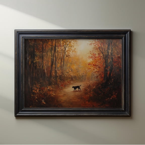 Fall Forest Dog Black Labrador Autumn Landscape Vintage Oil Farmhouse Black Lab Mom Matte Animal Wall Art Poster , Poster Print Only