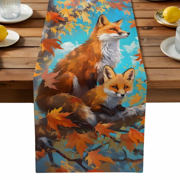 Fall Forest Fox Cotton Linen Table Runner for Dining Kitchen, Fall Orange Red Autumn Maple Leaves Wedding Outdoor Party Tablerunners Decoration, Dresser Scarf Coffee Tablecloth Runners 13x48 Inches