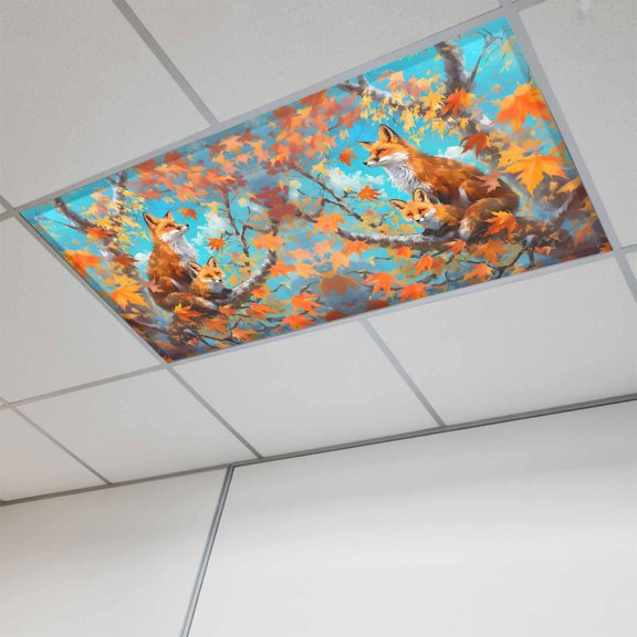 Fall Forest Fox Fluorescent Light Covers, Fall Orange Red Autumn Maple Leaves Magnetic Light Covers for Ceiling Lights, Fluorescent Ceiling Shade Filters for Classroom Bedroom Office 4x2Ft x 1PCS