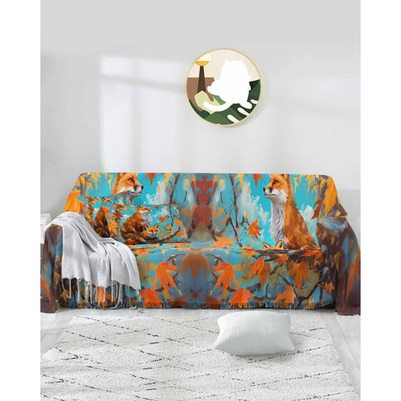 Fall Forest Fox Sofa Couch Covers for 3 Cushion Couch,Washable L Shape Sectional Sofa Covers for Loverseat/Pet/Kid,Fall Orange Red Autumn Maple Leaves Slipcover Throw Blanket Futon Cover 71x134