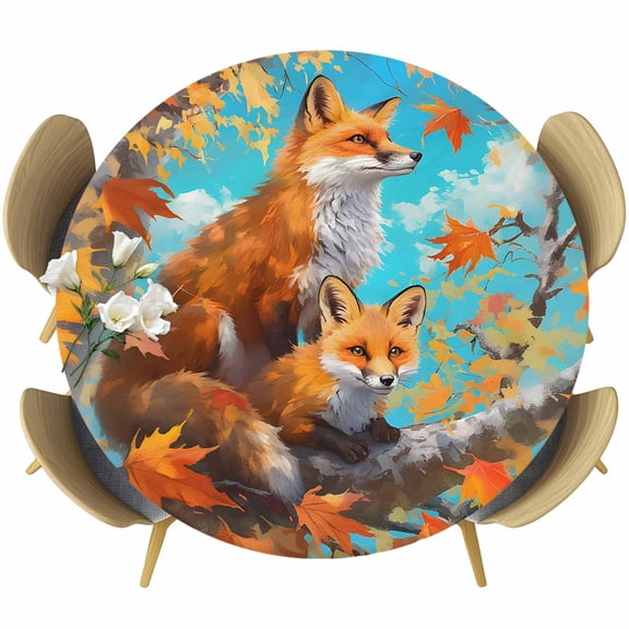 Fall Forest Fox Table Cloth, Round Fitted Tablecloths with Elastic Edge, Fall Orange Red Autumn Maple Leaves Wipeable Waterproof Table Cover for Kitchen Wedding 45-54 Inches