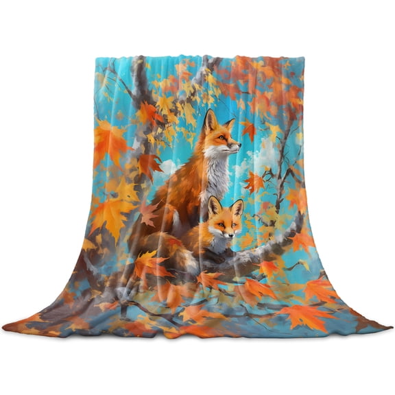 Fall Forest Fox Throw Blanket for Couch, Soft Lightweight Flannel Fleece Blanket, Fall Orange Red Autumn Maple Leaves Microfiber Plush All Season Decorative Blankets Gifts for Sofa Bed 50"x60"