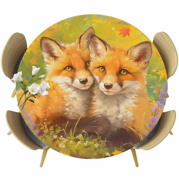 Fall Forest Foxes Round Tablecloth 45-54 Inch Round Fitted Table Cloth with Elastic Edge, Autumn Orange Red Green Maple Leaves Waterproof Table Cover Protector for Outdoor Picnic Party Dining