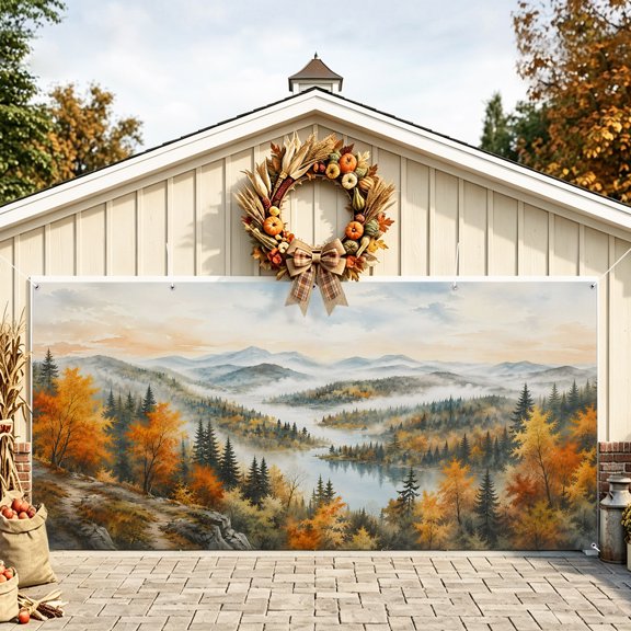 Fall Forest Garage Door Cover, Autumn Watercolor Pine Trees Mountains Landscape Garage Door Decorations with Ropes, Outdoor Hanging Banner Backdrop for Holiday Party Courtyard Porch Wall Decor 6x13ft