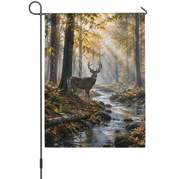 Fall Forest Garden Flag 28x40 Inch Country Farmhouse Deer Tree Leaf Sunshine Landscape Double Sided Outdoor Garden Flags Welcome House Flag Decorative Yard Flags for Outside Holiday Decoration
