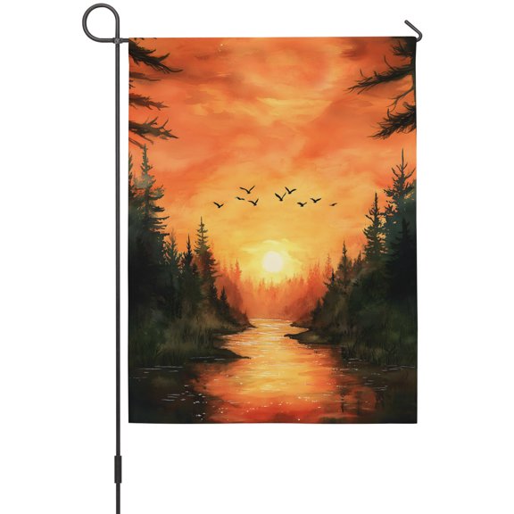 Fall Forest House Flag 28 x 40 Inches, Watercolor Sunset Weather Proof Outdoor Patio Flags Double Sided Small House Decoration for Yard Lawn Outside Home