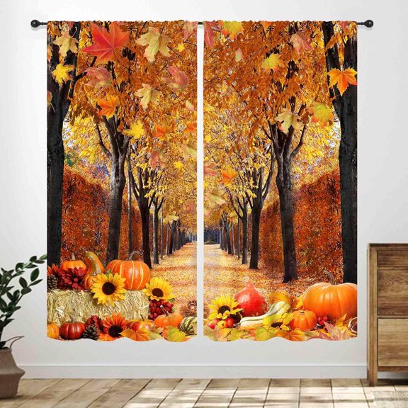 Fall Forest Kitchen Curtains,Farmhouse Autumn Pumpkin Harvest Thanksgiving Rustic Rural Nature Season Scenery Window Drape Treatments for Bedroom Living Room Bathroom 2 Panels,63X63 Inch