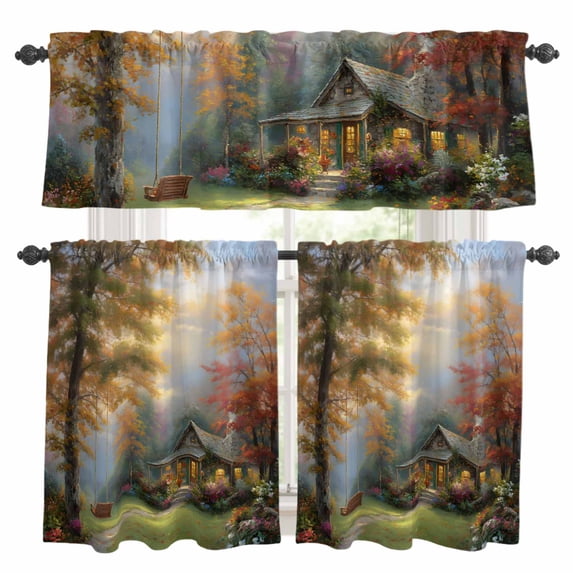Fall Forest Kitchen Curtains Sets for Windows 36 Inch Length, Country Pastoral Trees Cabin Nature Scenery Rod Pocket Window Treatments Tier Curtains and Valances Set for Bedroom/Bathroom