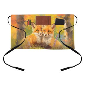 Fall Forest Kitchen Restaurant Half Waist Apron, Oil Painting Fox Server Short Apron with 3 Pockets Waterproof Oil Waist Aprons for Women Waitress Waiter
