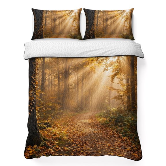 Fall Forest Landscape 3 Piece Quilt Bedding Set with 2 Pillow Shams, Country Rustic Farmhouse Tree Leaves Lightweight Bedspread Coverlet, Soft Breathable All Season Quilt, 96 x 106 Inch
