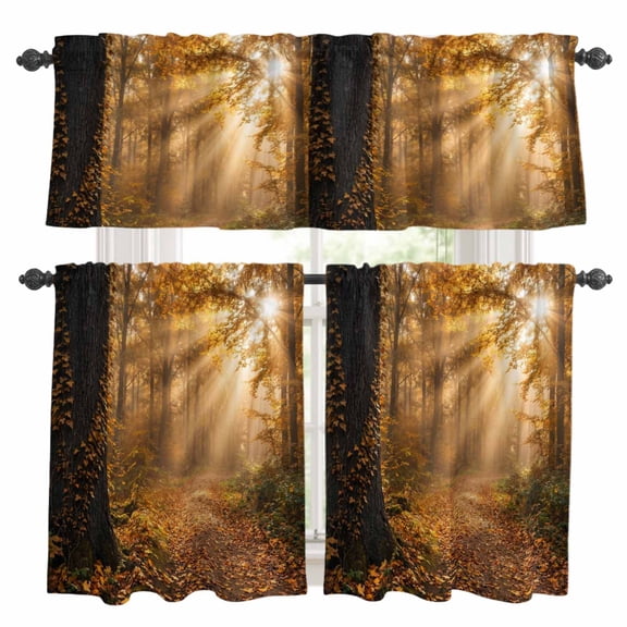 Fall Forest Landscape Kitchen Curtains Valances 3 Piece Set, Country Rustic Farmhouse Tree Leaves Rod Pocket Tier Curtain and Valance Drapes for Small Window 24 Inch Length for Bedroom Cafe