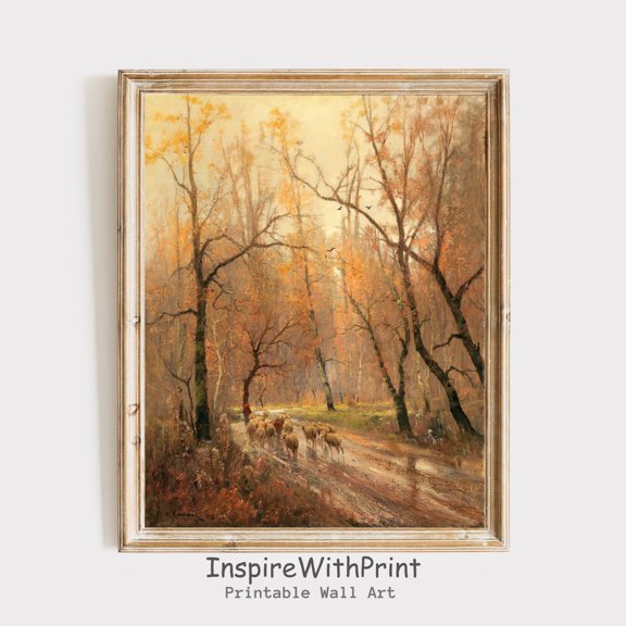 Fall Forest Landscape Poster, Printable Country Landscape, Vintage Fall Trees Wall Art, Farmhouse Wall Art, Fall Wall Decor, Sheep Print, Size 12x18 UNFFRAMED F03.1.6l395