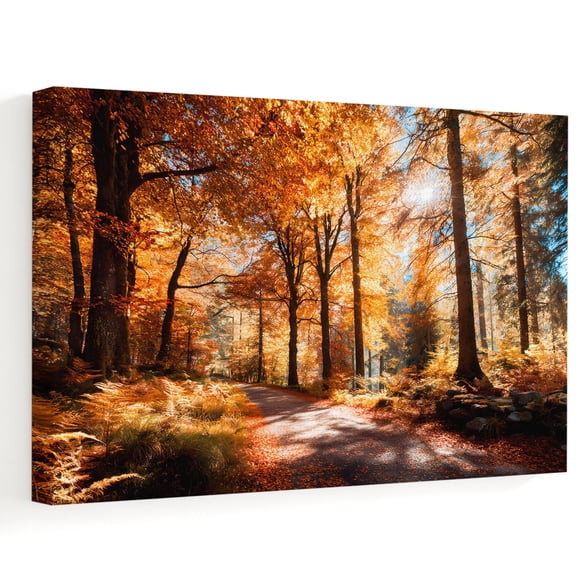 Fall Forest Path Canvas Wall Art 12" x 8" Rustic Country Orange Tree Leaves Woodland Trail Frame Picture Prints, Ready to Hang Waterproof Artwork Decor for Bathroom, Kitchen Corner, Bedroom Entryway