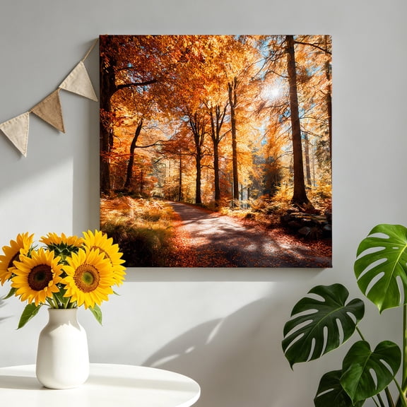 Fall Forest Path Canvas Wall Art, Rustic Country Orange Tree Leaves Woodland Trail Framed Canvas Wall Decor Picture Print Artwork Decorations for Living Room Office Ready to Hang 8" x 8"