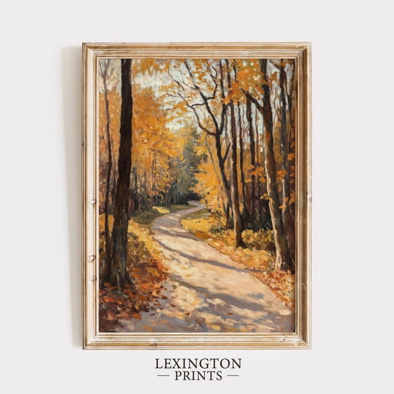 Fall Forest Pathway Moody Autumn Dark Landscape Rustic Golden Wall Art, Distinctive Seasonal Theme For Home And Living Room Decor