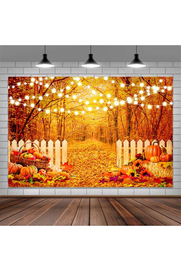 Fall Forest Photography Backdrop, Autumn Yellow Maple Leaves Pumpkin Background, Thanksgiving Harvest Holiday Fall Party Decorations Banner Photo Booth Props,5X3ft