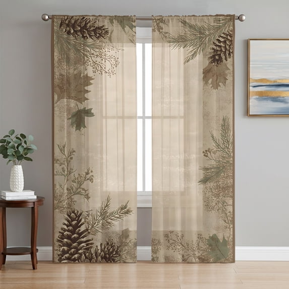 Fall Forest Pine Sheer Curtains 72 Inch Length 2 Panels Set, Autumn Vintage Pine Cones Botanical Voile Window Treatment Rod Pocket Curtains Sheers Drapes for Bedroom/Living Room/Kitchen 52"x72"x2