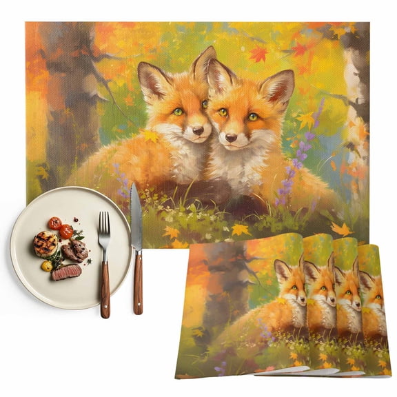 Fall Forest Placemats Set of 1 Oil Painting Fox Heat Insulated Linen Place Mats, Washable Stain-Proof Table Mats for Dining Tables Holiday Decor 13x19inch
