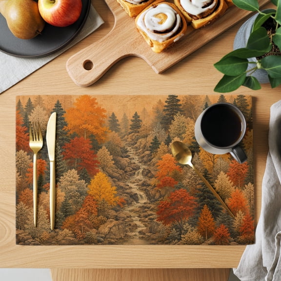 Fall Forest Placemats Set of 6, Rustic Terracotta Green Tree Nature Scenic Landscape Non-Slip Place Mats Washable Table Mats for Kitchen Dining Table Decorations Indoor/Outdoor