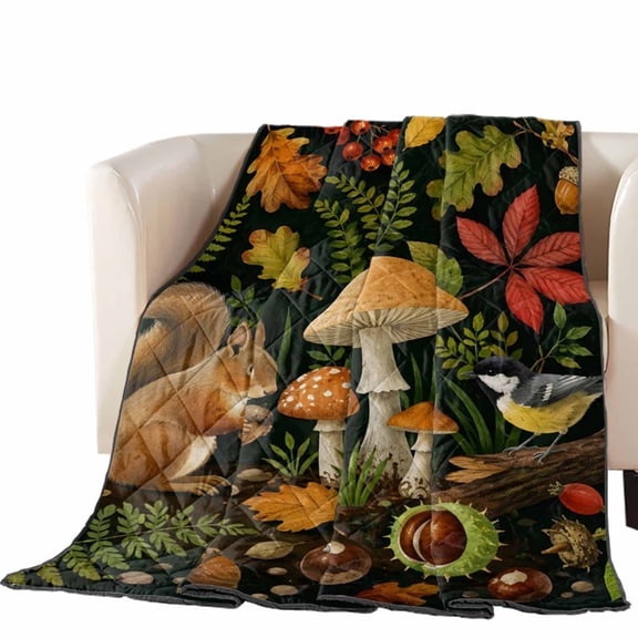 Fall Forest Quilted Comforters Cooling Blanket California King Size, Rustic Squirrel Brown Mushroom Bird Oak Leaf Botanical Cold Comfort for Hot Sleepers Air Conditioning Quilt Blanket for Bed