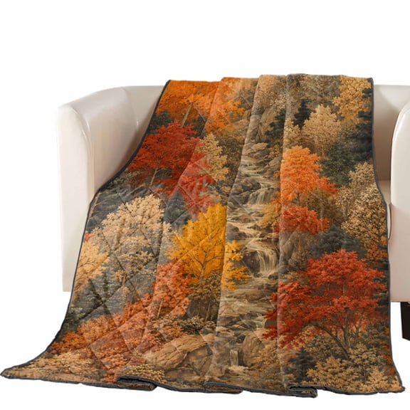 Fall Forest Quilted Comforters Cooling Blanket Oversized King Size, Rustic Terracotta Green Tree Nature Scenic Landscape Cold Comfort for Hot Sleepers Air Conditioning Quilt Blanket for Bed