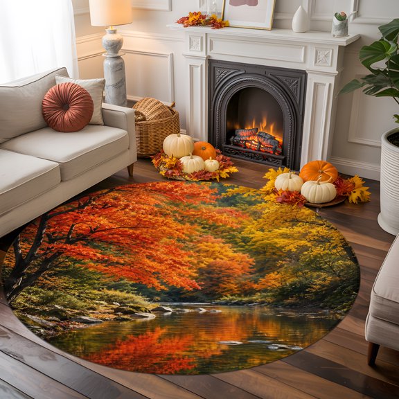 Fall Forest Round Area Rug 6 FT, Non Slip Bedroom Area Rug, Rustic Maple Trees River Nature Scenery Washable Soft Circular Carpet Non-Shedding Floor Mat for Kitchen Dining Room Home Office Kids Room