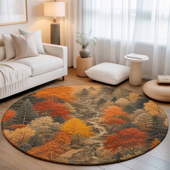 Fall Forest Round Rug 6Ft Rustic Terracotta Green Tree Nature Scenic Landscape Circle Area Rugs Washable Non Slip Indoor Floor Mats Carpet for Living Room Bedroom Dining Room Home Decor