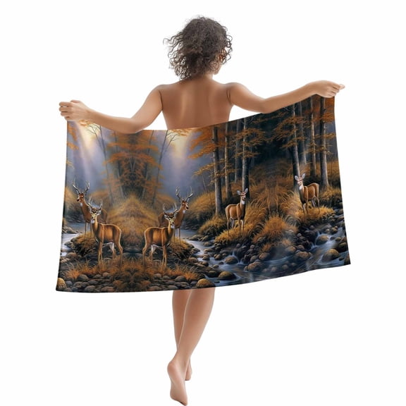 Fall Forest Rustic Deer Beach Towels Blanket Soft&Absorbent Quick Dry Microfiber Nature Creeks Rock Pool Towels for Swimming ,Yoga, Sports, Gym, Camping,Large 35X70in,