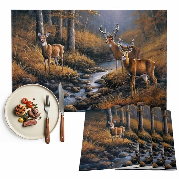 Fall Forest Rustic Deer Placemats Set of 6, Nature Creeks Rock Table Mats Washable Heat-Insulation Non-Slip Place Mats for Kitchen Dinner Table Indoor Outdoor Decor,13x19 Inch