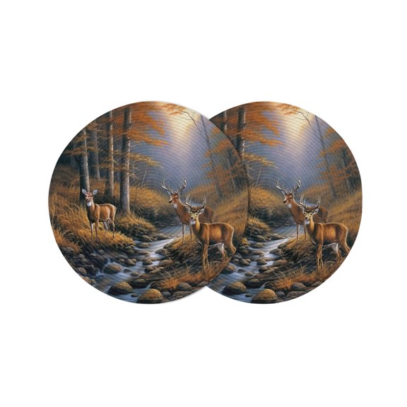 Fall Forest Rustic Deer Round Table Placemats set of 2, Nature Creeks Rock Washable Woven Place Mats for Dining Tables Kitchen Party Decor,Heat Proof, 15in,